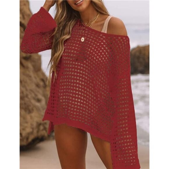 Crochet Cover Ups Sexy Hollow Out Red - Picture 1 of 4
